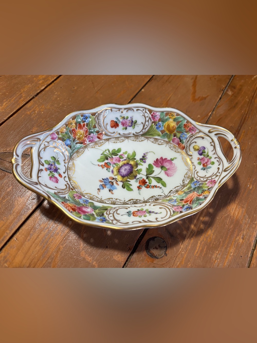Antique Dresden Hand Painted Textured Basket Floral Porcelain